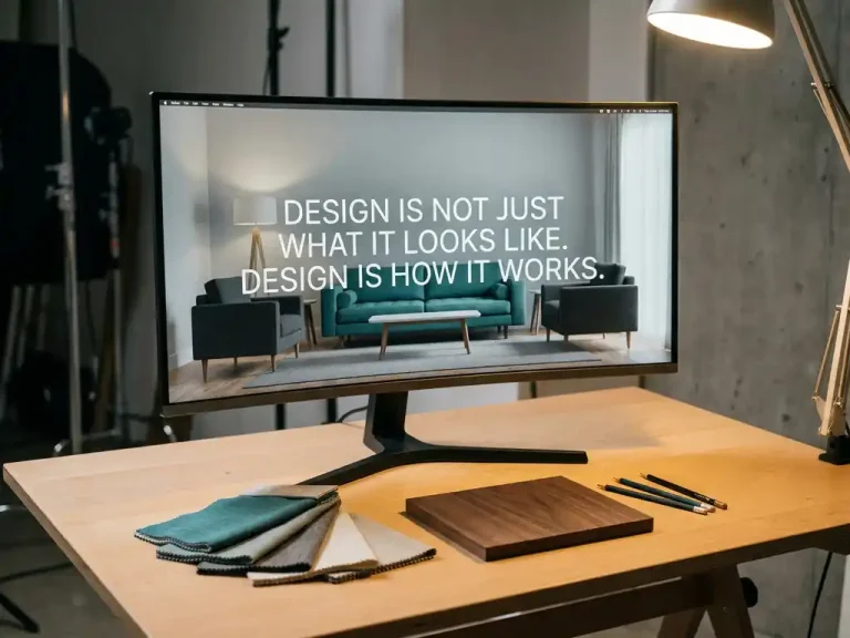 3D-gerenderde interieurontwerp visualisatie op monitor met materiaalstalen en houtpaneel op modern tekentafel, teal en antraciet tinten.