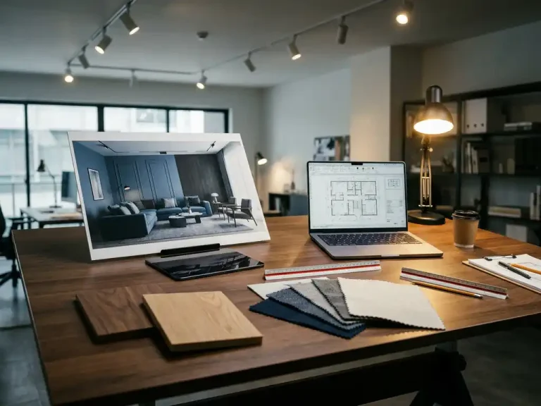 Interieurontwerp werkplek met 3D-visualisatie, CAD-plattegrond op laptop en materiaalstalen in hout en stof op tekentafel.