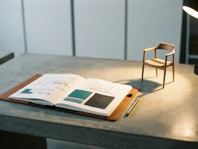 Open interieurdesign portfolio op betonnen bureau naast handgemaakt meubelmodel en stylus, warme studioverlichting in teal en antraciet tinten.
