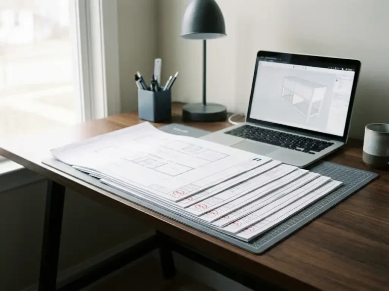 Uitgewaaierde interieurtekenigen op een werktafel met revisiemerken, laptop met 3D-meubelmodel op de achtergrond, zacht ochtendlicht.