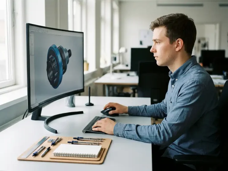 Junior drafter werkt aan 3D mechanisch onderdeel op grote monitor, precisiesouris in hand, georganiseerd bureau met tekenhulpmiddelen.