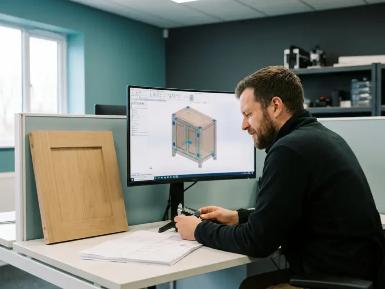 Vakman bestudeert 3D CAD-model van een kast op monitor, met houten prototype paneel tegen het bureau in moderne werkruimte.