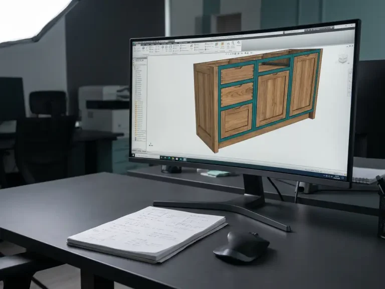 3D-model van een op maat gemaakt keukenkastje op een professioneel monitor, met houtnerf texturen en nauwkeurige verbindingen in een CAD-werkruimte.