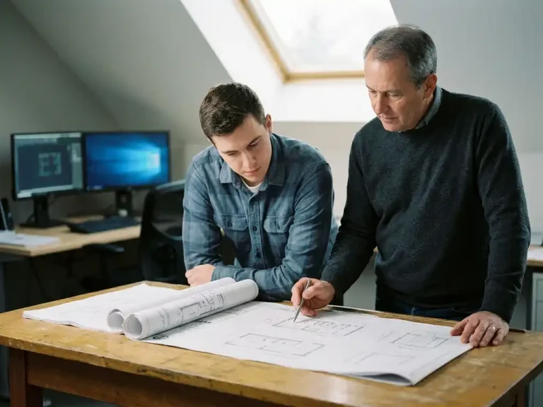 Junior tekenaar bestudeert interieurmeubel blauwdrukken aan een tekentafel, begeleid door een ervaren collega die wijst naar technische tekeningen.