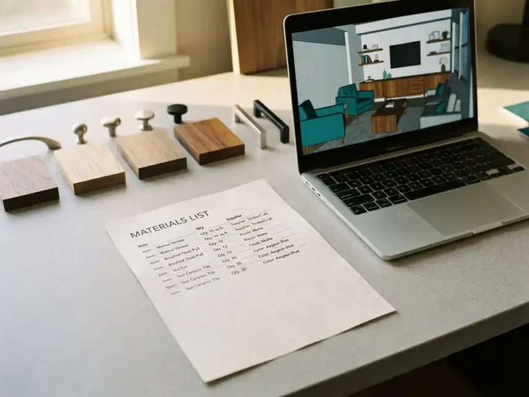 Materiaallijst naast laptop met 3D meubelmodel, houtmonsters en kastbeslag op lichtgrijs bureau met tealblauw schermgloed.