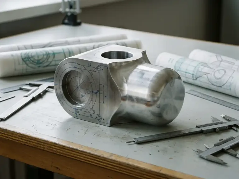 Mechanisch onderdeel met parametrische ontwerplijnen en gladde handmatige afwerking op tekentafel met schuifmaten en technische schetsen.