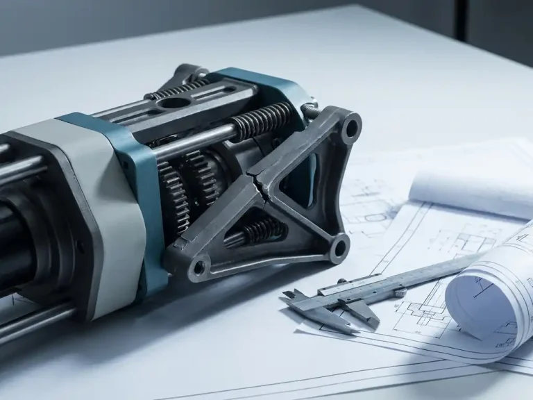 Gedeeltelijk ingestort mechanisch assemblage op tekentafel met gebarsten beugel, schuifmaat en technische tekening.