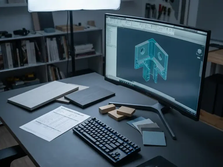 3D meubelcomponent op CAD-werkstation met automatisch gegenereerde snijlijst, houtpanelen en materiaalstalen op bureau.