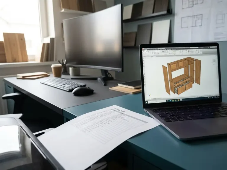 Snijlijst op wit papier naast laptopscherm met 3D-meubelmodel en kastcomponenten in CAD-software.