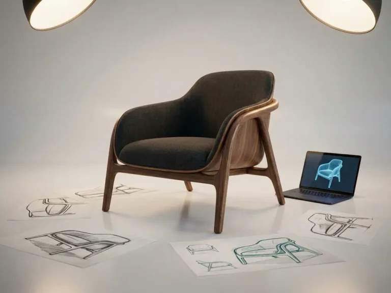 Moderne fauteuil in 3D-render omringd door meubelschetsen en laptop met wireframemodel, teal en antraciet tinten.