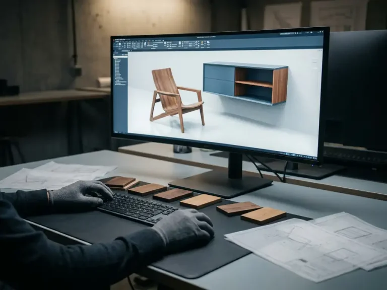 Ontwerper werkt aan fotorealistisch 3D-meubelmodel op CAD-werkstation, omringd door houtmonsters en technische tekeningen.