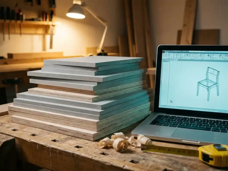 Gestapelde MDF-platen en multiplex naast een laptop met 3D-meubelmodel in CAD-software, meetlint en houtsnippers op werkbank.