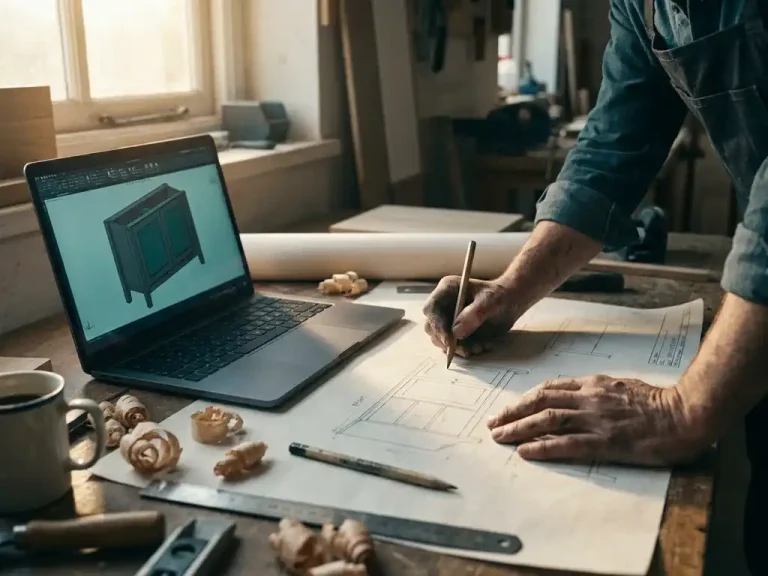 Meubelmaker schetst kastontwerp op tekentafel naast laptop met 3D CAD-model, houtsnippers en timmermanspotlood op de voorgrond.