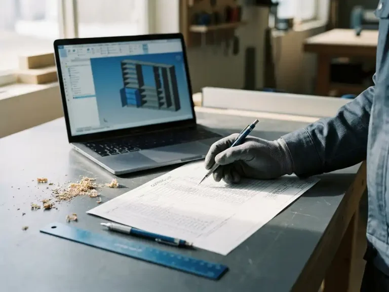 Ingenieur bekijkt meubelpanelen cutting list op bureau naast laptop met 3D CAD-indeling, potlood en houtsnippers zichtbaar.