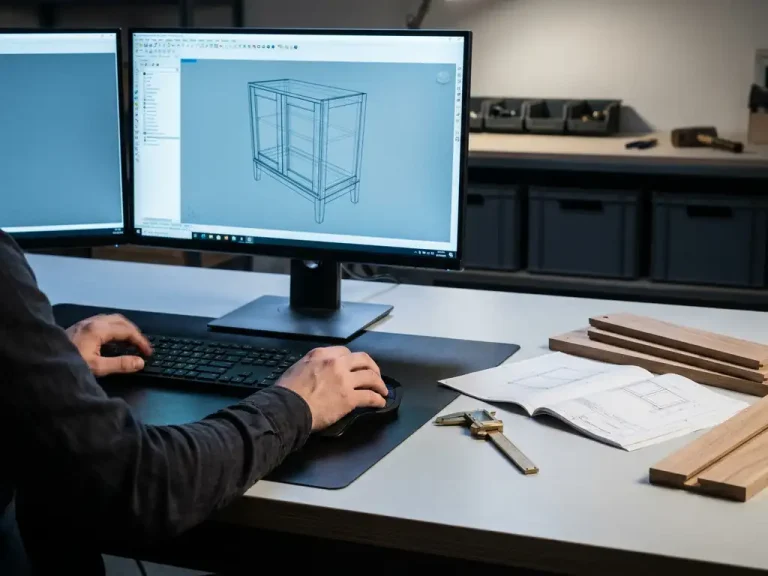 Meubelmaker werkt aan 3D-model van een kast op CAD-workstation, met houten onderdelen en technische tekeningen op studio-bureau.