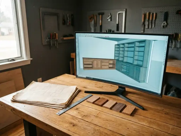 Meubelmaker's werkbank met monitor waarop 3D-kastontwerpen staan, handgeschetste plannen, liniaal en houtmonsters in warm eikenhout.