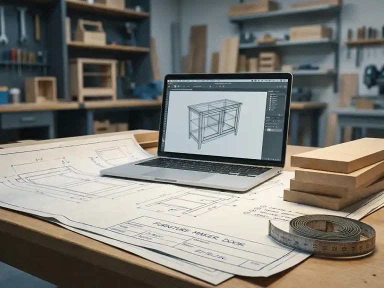 Meubelmaker's werktafel met blauwdruk, laptop met 3D-kast ontwerp, houten panelen en stalen meetlint in warm atelierlicht.