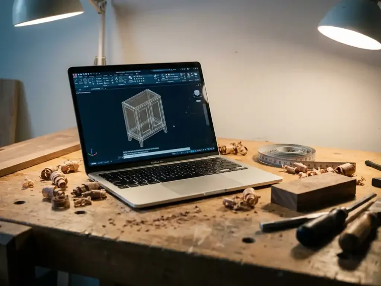 Werkbladblad van meubelmaker met laptop waarop 3D-kastontwerp in CAD-software, omringd door houtsnippers, meetlint en houtmonster.