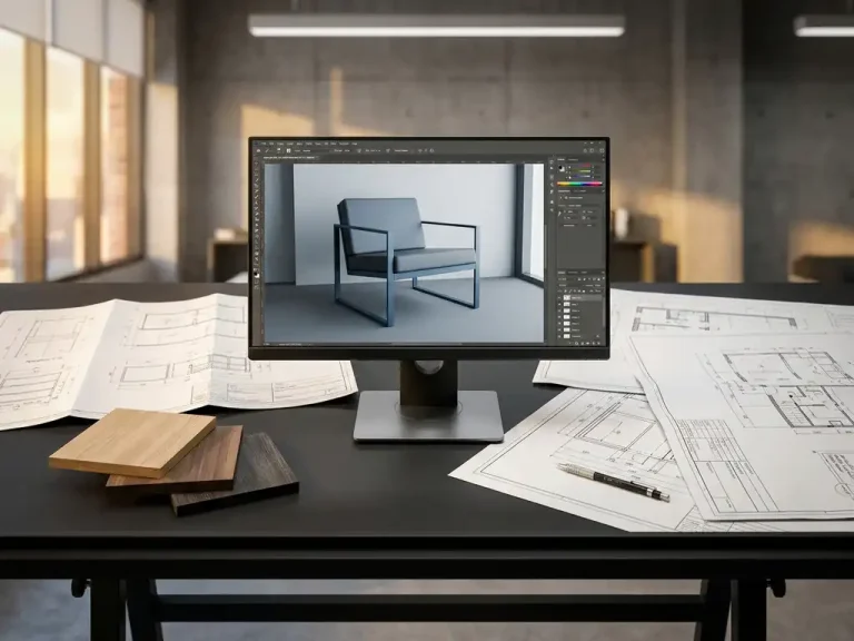3D meubelmodel op professionele monitor, omringd door technische tekeningen en houtmonsters op modern bureau.