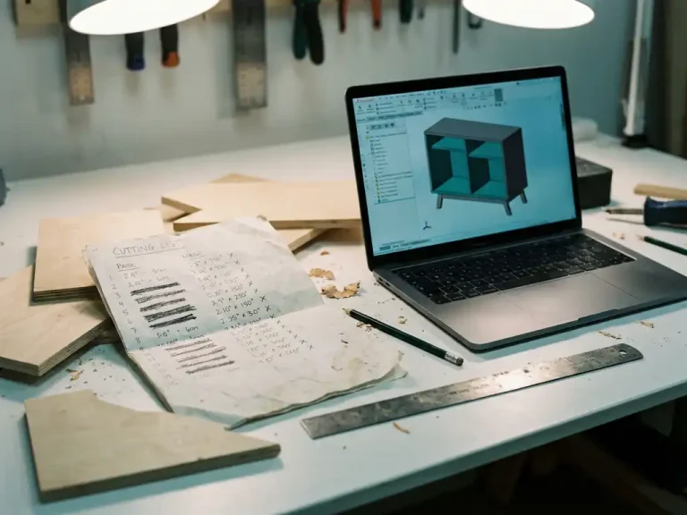 Verfrommeld papieren snijlijst met doorgehaalde maten naast laptop met 3D CAD-meubelmodel, houtrestanten en stalen liniaal op werkbank.