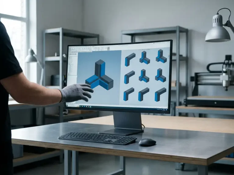 Ontwerper beweegt hand boven CAD-werkstation met 3D-meubelcomponent en modulaire duplicaties op scherm.