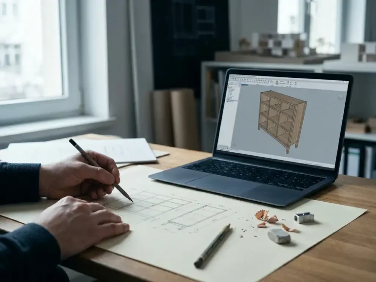 Meubelontwerper schetst kabinetdetails op tekenpapier naast laptop met 3D CAD-model van houten interieurkast, potlood en houtsnippers op bureau.