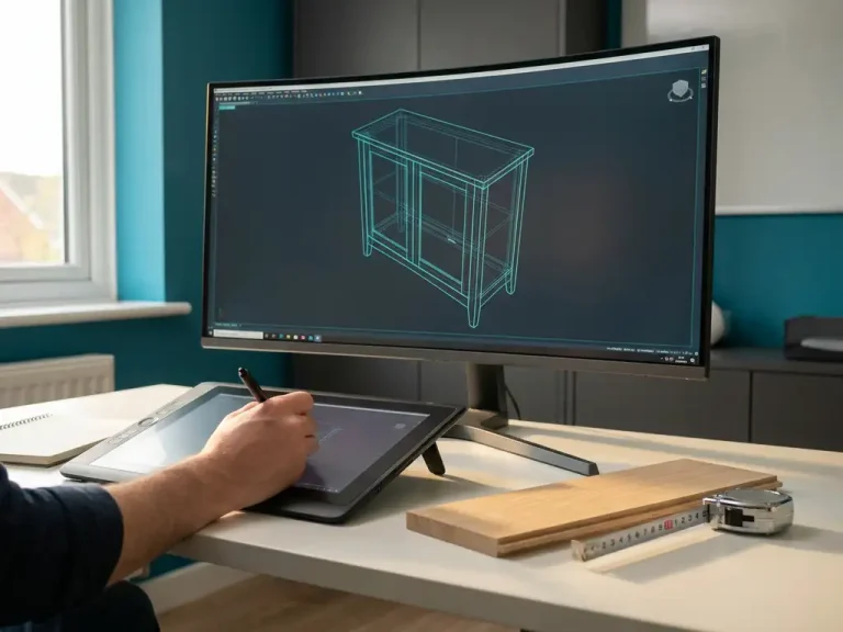 Meubelontwerper past afmetingen aan in 3D CAD-model van een kast op monitor, met houtmonster en meetlint op bureau.