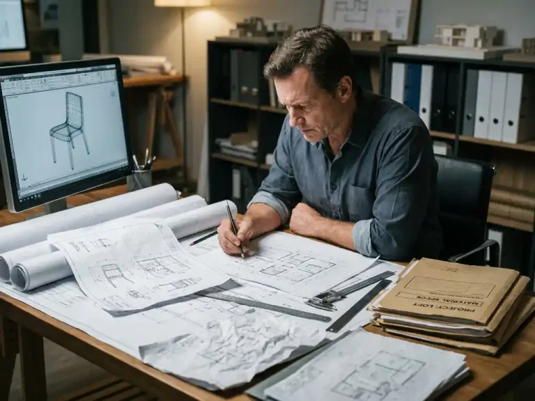 Draftsman aan professioneel bureau met technische tekeningen, 3D-interieurplattegronden en CAD-meubelmodel op monitor.