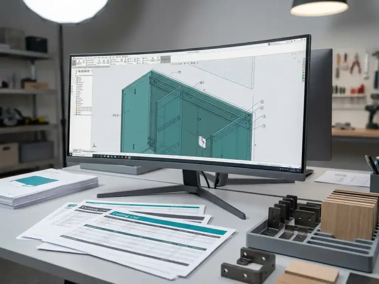 3D CAD-model van een meubelwand op monitor, omringd door zaaglijsten en materiaalspreadsheets op bureau met houtpanelen.