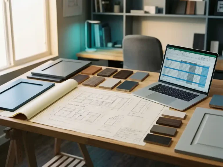 Gedetailleerde meubelmaattekening op een werktafel met houtmonsters, kastdeurpanelen en laptop met onderdelenlijst.