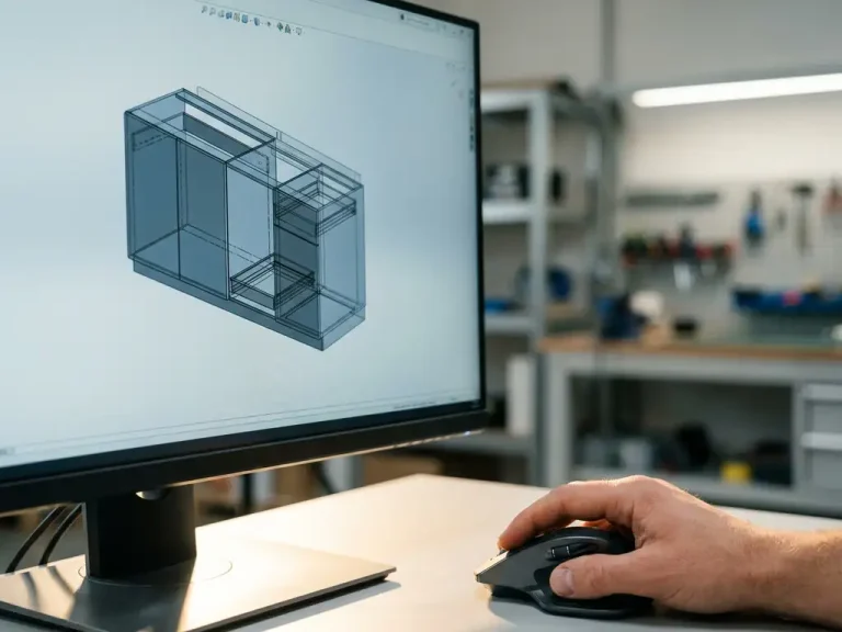 Designer werkt aan 3D CAD-model van een kastassemblage op professionele monitor in moderne ontwerpwerkruimte.