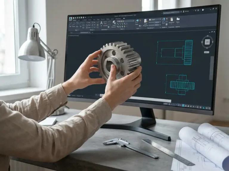 Designer roteert 3D mechanisch component in fotorealistisch CAD-programma op groot scherm, technische tekeningen op modern werkstation.