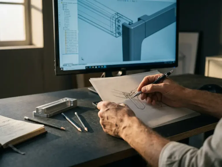 Ontwerper schetst voor een CAD-werkstation met 3D-meubelcomponentmodel, met potloden en een fysiek prototype op het bureau.