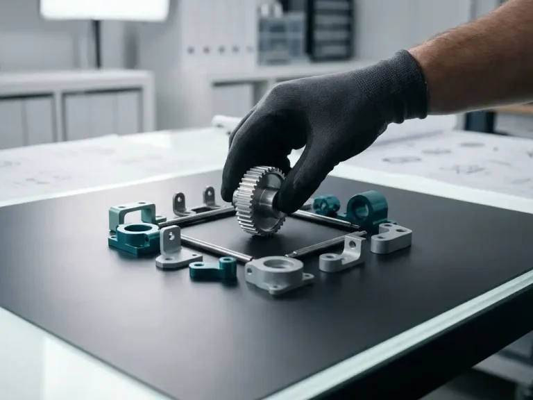 Ingenieur verschuift een 3D mechanisch onderdeel op een tekentafel terwijl omliggende metalen componenten zich herschikken.