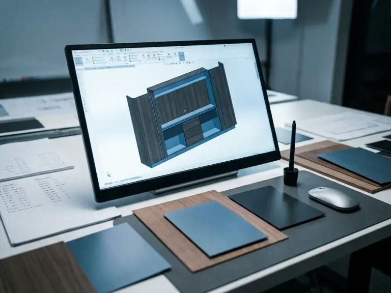 3D CAD-model van een op maat gemaakt interieurpaneel op monitor, omringd door snijlijsten en materiaalbladen op een moderne tekentafel.
