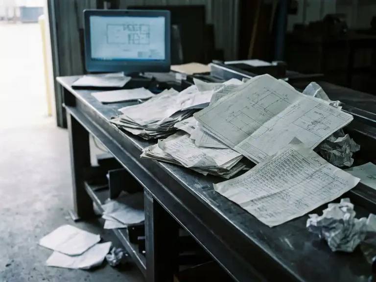 Stapel verfrommelde werkbonnen en technische schetsen op industrieel bureau met CAD-monitor op de achtergrond.