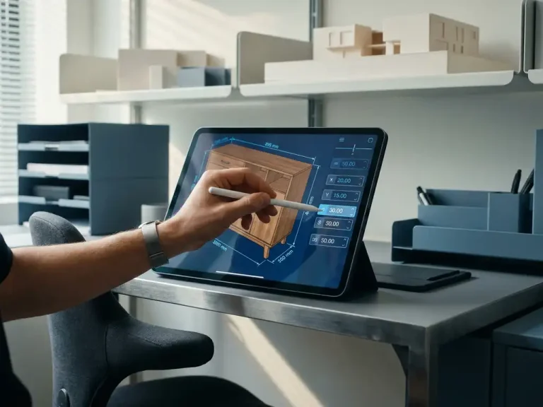 Hand die parametrische afmetingen aanpast op een CAD-model van een maatwerkkast, met maatlijnen zichtbaar op een monitor.