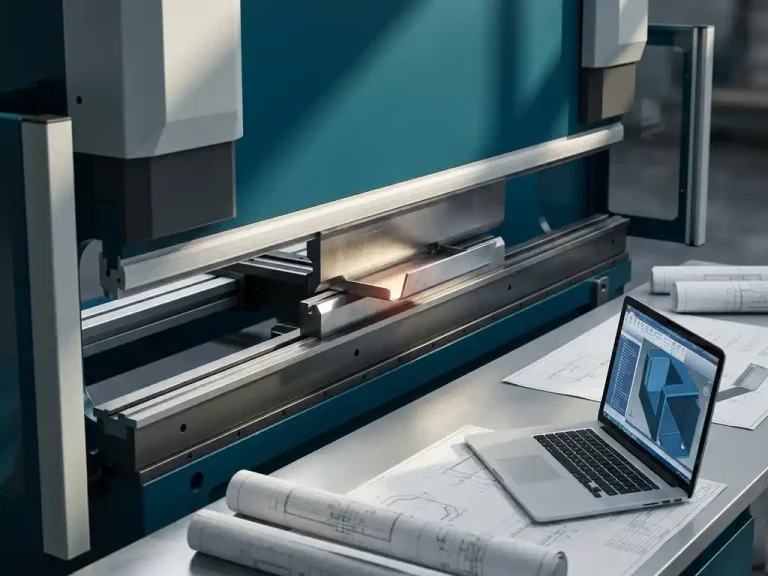 Kantpers buigt stalen component, omgeven door technische tekeningen en laptop met 3D-CAD-model op industriële werkbank.