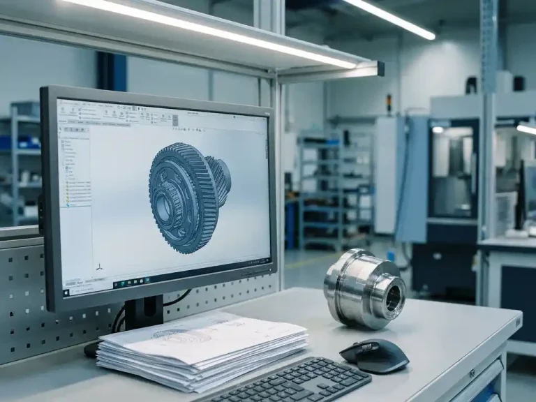 3D CAD-model op monitor bij CNC-werkstation met gefreesd metalen onderdeel en technische tekeningen op het bureau.