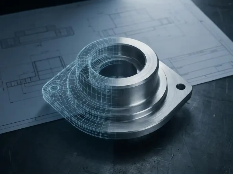 3D CAD-model van een precisie machinedeel naast het gefabriceerde metalen onderdeel op een industriële werkbank met technische tekeningen.