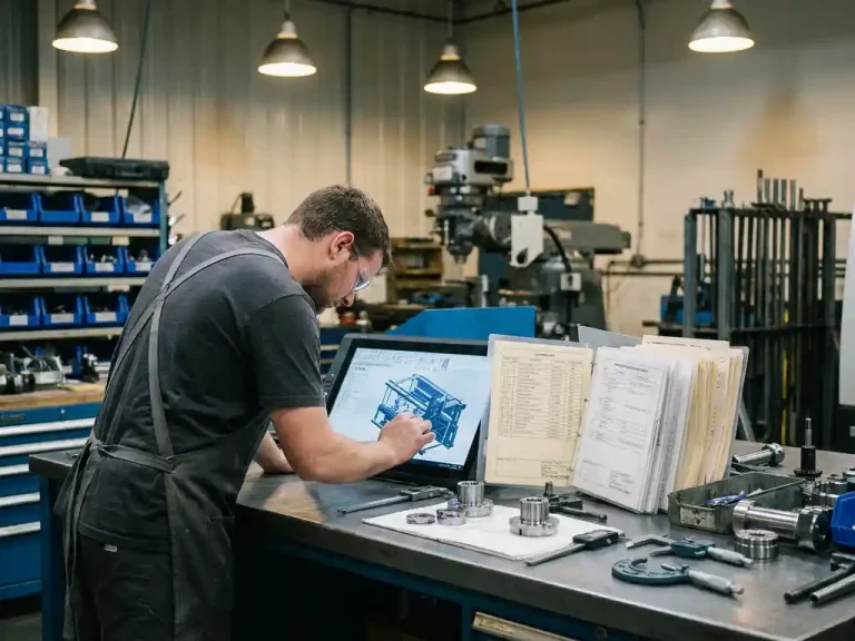 Machinist bekijkt 3D CAD-tekeningen op tablet aan stalen werkbank met metalen componenten en productiespecificaties.