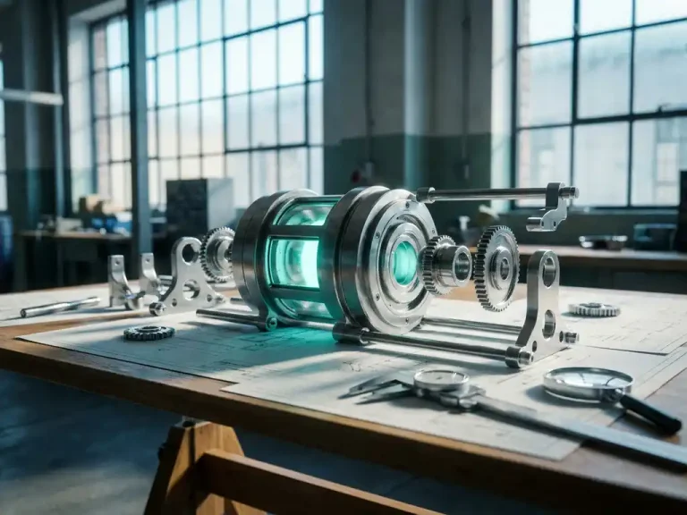 Nauwkeurig samengesteld metalen mechanisme op werktafel met gloeiend teal centraal onderdeel en uitgelijnd cascaderend tandwielwerk.