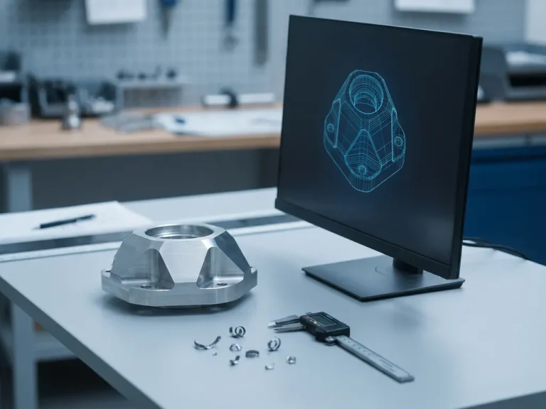 Gefreesd metalen onderdeel naast een monitor met 3D CAD-wireframemodel, met schuifmaat en metaalspanen op tekenoppervlak.