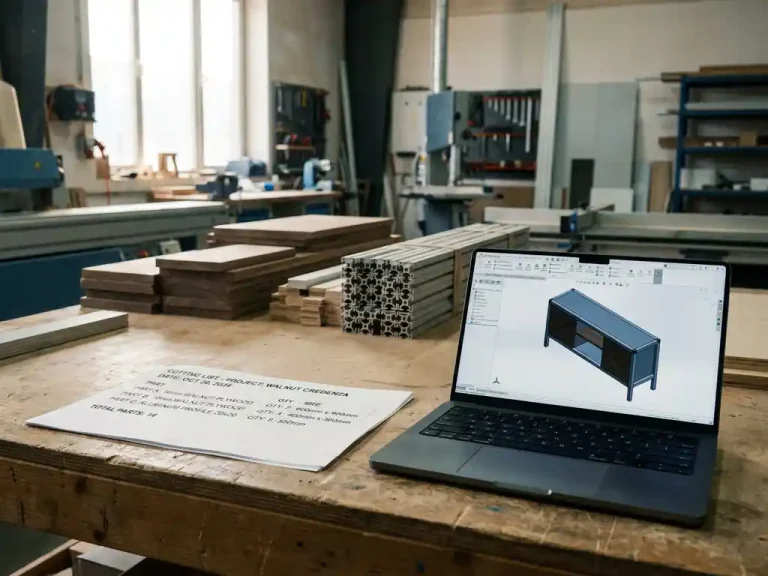 Snijlijst op papier naast laptop met 3D CAD-meubelmodel, houten panelen en aluminium profielen op de achtergrond in een maatwerkworkshop.
