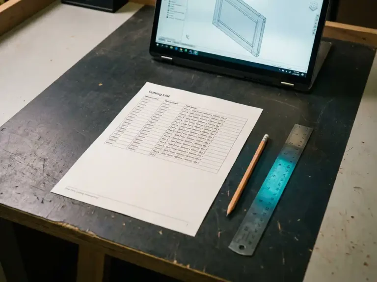 Gedetailleerde snijlijst op papier naast potlood en stalen liniaal op werkbank, met laptop met 3D meubelpaneel CAD-model op achtergrond.