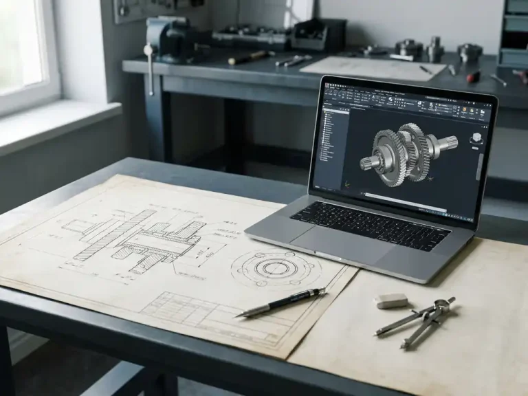 Handgetekende technische schets op tekenpapier naast laptop met 3D CAD-model, mechanisch potlood en passer op moderne werktafel.