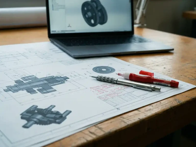 Technische tekening op een drafttafel met mechanisch potlood en rode pen, laptop met 3D CAD-model op de achtergrond.