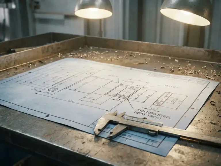 Technische maattekening op stalen werkbank met schuifmaat, maataanduidingen en metaalspanen zichtbaar.