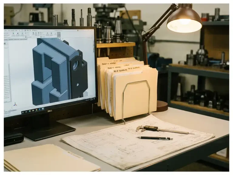 Tekentafel in productieworkshop met 3D CAD-model op monitor, technische tekeningen in map, stalen schuifmaat en mechanisch potlood op blauwdruk.