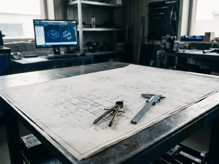 Technische werktekening op stalen werkbank met passer en schuifmaat, CAD-werkstation op de achtergrond, staalblauwe en grijze tinten.